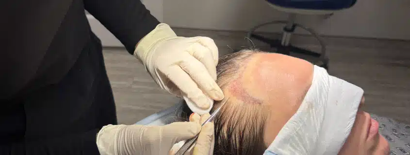 Dr Kelemen hairline - Hair 4 Life Medical Dr Kelemen during FUE procedure: site making.