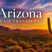ArizonaBestHairTransplant - Hair 4 Life Medical Sunset desert in Arizona with tall cacti and orange mountains, overlaid with the text 'Arizona Hair Transplant Doctors'.