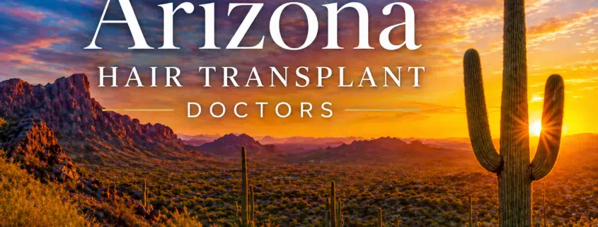 Sunset desert in Arizona with tall cacti and orange mountains, overlaid with the text 'Arizona Hair Transplant Doctors'.